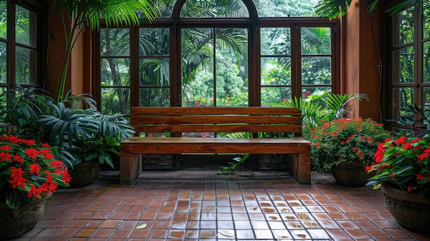 Foto alcove tranquilo em um jardim botânico montado com um banco de meditação e vistas serenas fundo de cores sólidas 4k ultra hd