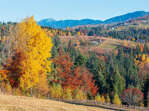 Aldea de los Cárpatos de otoño Ucrania