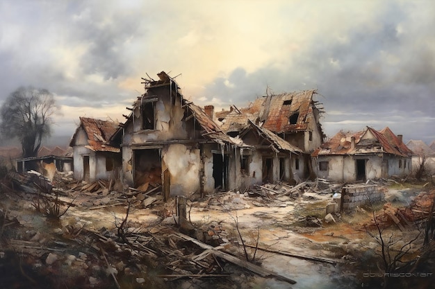 Aldea destrozada por la guerra con casas antiguas destruidas obras de arte relacionadas con Ucrania y Rusia
