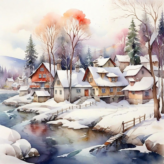 La aldea de invierno de la acuarela