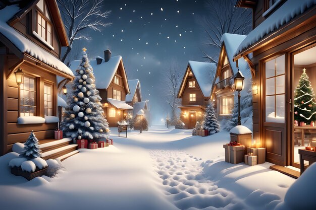 Aldea de invierno con casas hechas de madera bosque de nieve de invierno y árboles de Navidad papel tapiz 4k