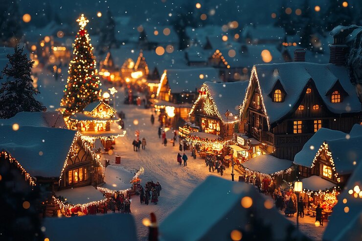 Aldea de invierno encantadora decorada con luces festivas durante la temporada de vacaciones IA generativa