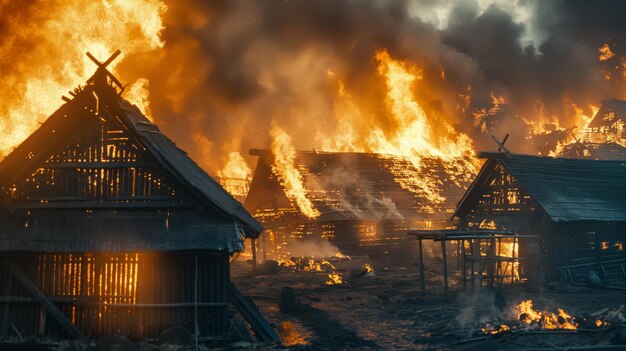 Aldea medieval en llamas casas están envueltas en llamas fuego en la ciudad ataque de los enemigos bárbaros en el asentamiento de la aldea medieval guerra en el reino