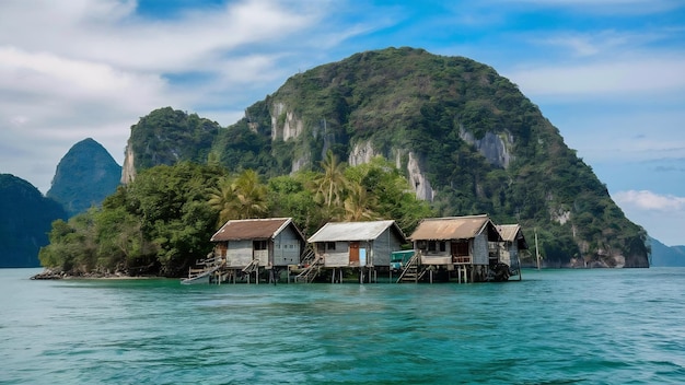 Foto aldea musulmana en la isla de ko panyi en la bahía de phangnga cerca de phuket, tailandia