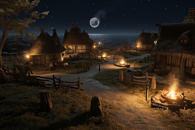 Foto una aldea nocturna de exploración de inglaterra de la era vikinga