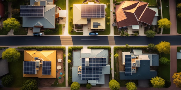 Aldea urbana sostenible con celdas solares en la azotea de la casa desde la vista aérea