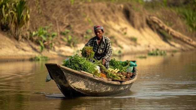 Un aldeano de Riverside Commerce navega por las aguas de invierno transportando verduras al mercado de Bandarban