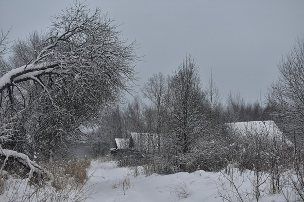 Aldeia abandonada na neve no inverno