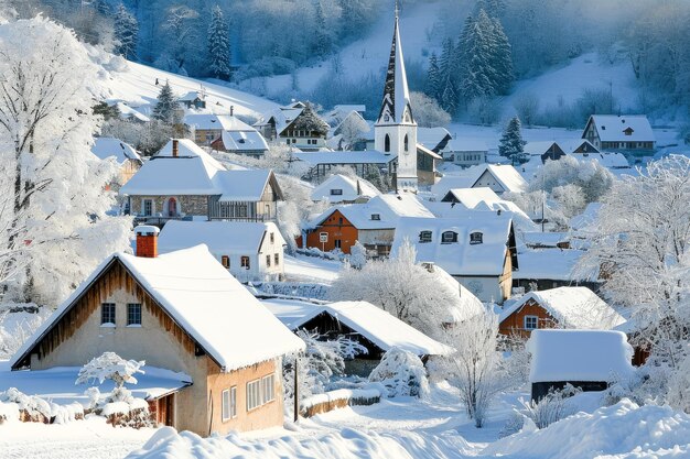 Aldeia coberta de neve com uma igreja