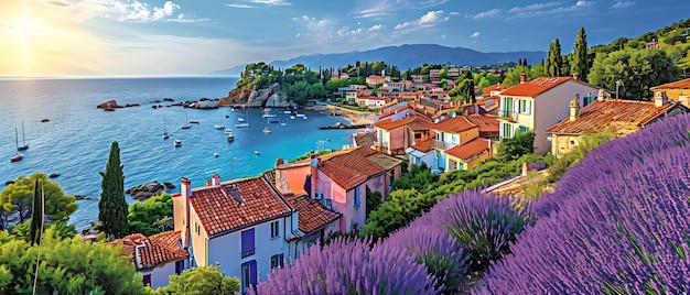 Aldeia costeira idílica com campos de lavanda florescendo com vista para o mar, serenidade mediterrânea no pitoresco destino de viagem de verão AI