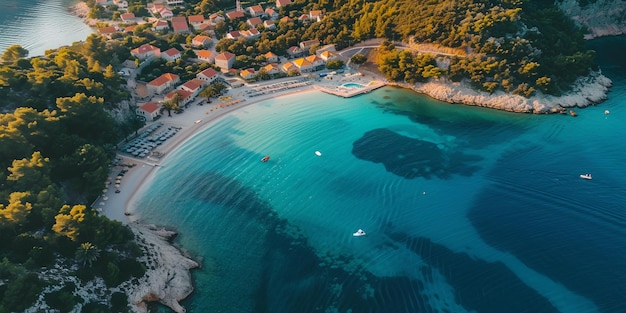 Aldeia costeira serena ao nascer do sol vista aérea de uma tranquila enseada de praia turismo estilo cartaz fotografia AI