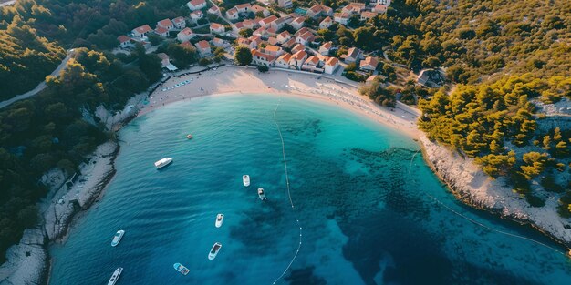 Aldeia costeira serena ao pôr-do-sol vista aérea de uma cidade de praia barcos e águas claras perfeitos para viagens e temas de natureza AI