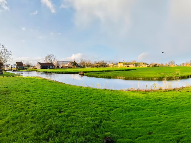 Foto aldeia de amsterdã, na holanda, vista do rio e da grama do campo