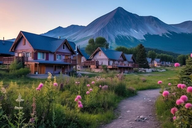 Foto aldeia de crested butte colorado no verão com nascer do sol colorido por casas de alojamento de madeira em