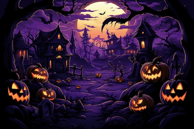 aldeia de halloween de ilustração com fundo assustador de abóbora de halloween