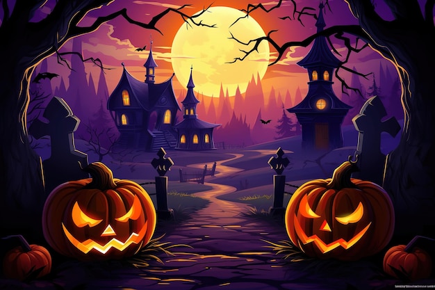 aldeia de halloween de ilustração com fundo assustador de abóbora de halloween