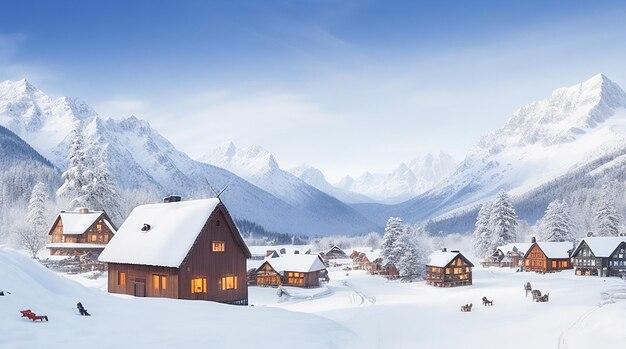 Aldeia de inverno e ilustração de paisagem de montanhas