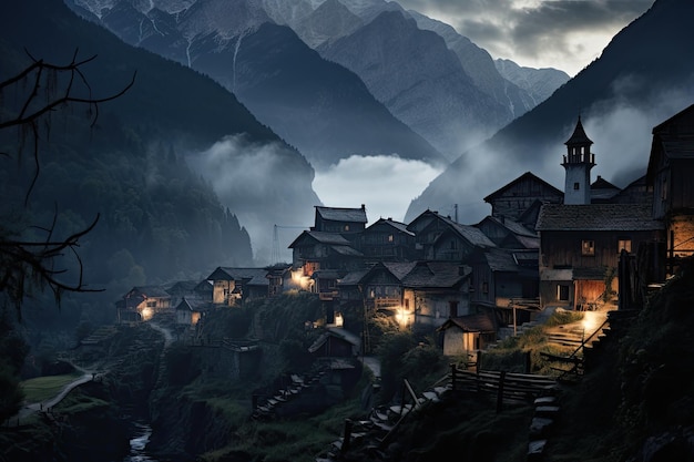 Aldeia de madeira no Himalaia à noite, Nepal