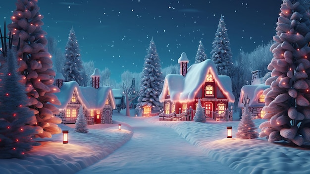 Aldeia de Natal com árvores e iluminação interior Generative Ai
