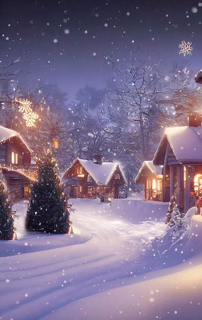 Aldeia de natal nas montanhas Casas de paisagem de inverno com decorações de natal