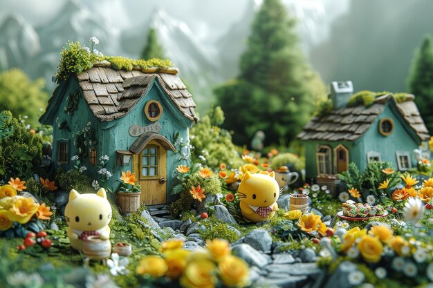 Aldeia em miniatura em 3D encantada com personagens de desenhos animados entre flores em flor