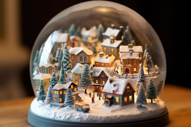 Aldeia em miniatura em um país das maravilhas de inverno de bola de neve criado com AI generativa