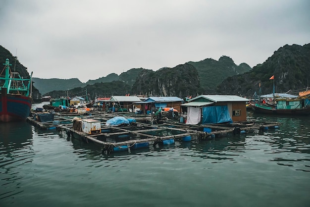 Aldeia flutuante de Kuah Wan na baía de Halong no Vietnã Casas na água Costa rochosa Névoas da estação chuvosa do inverno