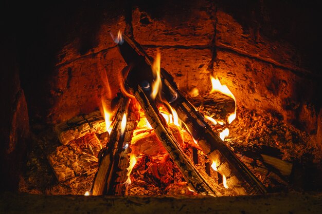 Aldeia fogão a lenha e fogo. queima de lenha em forno tradicional.