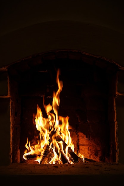 Aldeia fogão a lenha e fogo. Queima de lenha em forno tradicional.