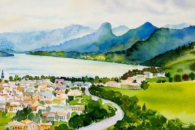 Aldeia, lago Wolfgansee no nascer do sol, famoso ponto turístico da Áustria. Paisagem de pintura em aquarela.