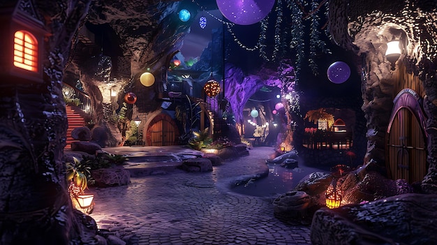 Aldeia Mística Lanternas brilhantes iluminam o caminho através de uma rua de paralelepípedos em uma aldeia mística passando por casas encantadoras de hobbits e para o desconhecido