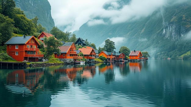 Aldeia tradicional do fiorde na Noruega com casas de madeira e um reflexo espelhado da água