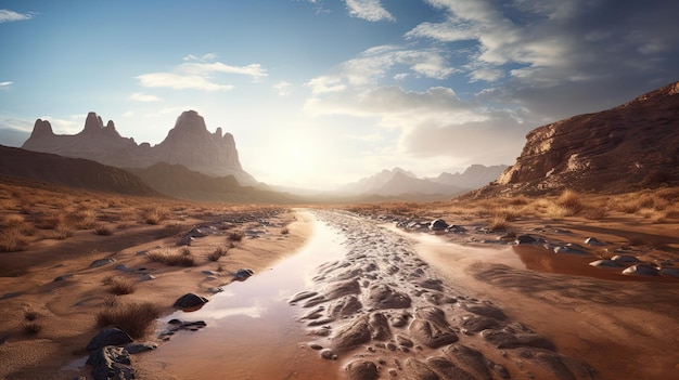 Alegoría sobre el cambio climático Un camino de tierra y un río seco en el desierto cerca de una montaña al estilo de la IA generativa agrietada