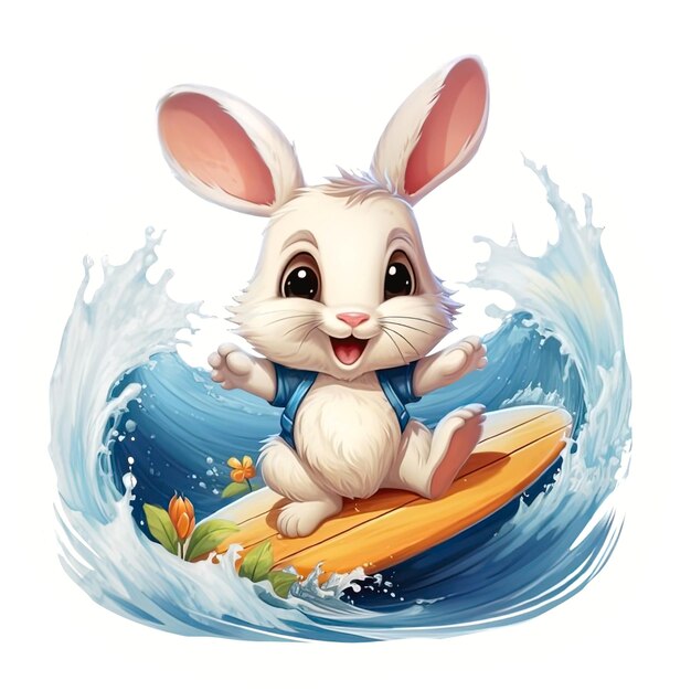 Foto alegre adesivo de coelho de surf caracter de coelho bebê bonito nas férias de verão coelho fazendo água