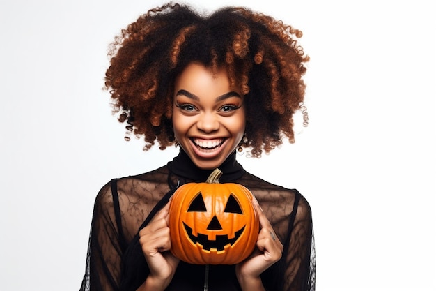 Alegre y alegre chica afroamericana con el cabello rizado en disfraz de calabaza con jackola