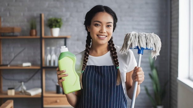 Alegre ama de casa étnica tiene trenzas posa con escoba y botella de detergente feliz de limpiar