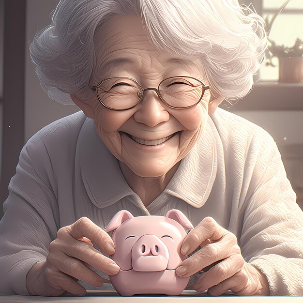 Alegre anciana con un banco de cerdos