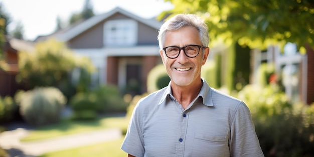 Alegre anciano con cabello gris con gafas