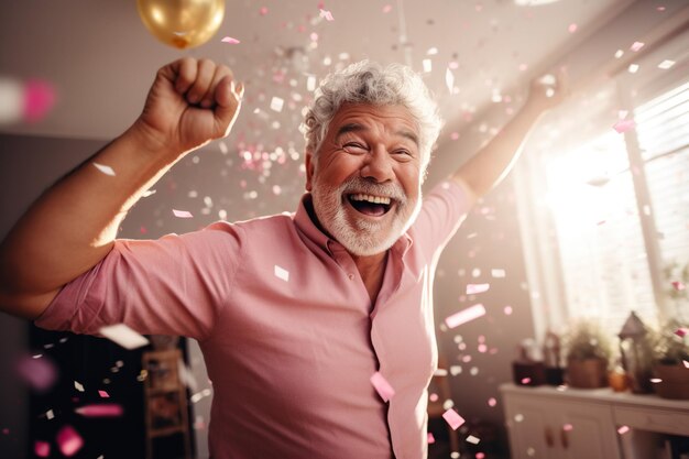 Foto alegre anciano jubilado activo bailando música disco en una amplia sala de estar divirtiéndose disfrutando de una fiesta deportiva en casa celebrando el aniversario de la fecha especial familiar