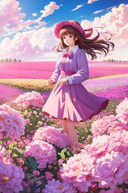 Alegre anime adolescente caminando por un campo de tulipanes