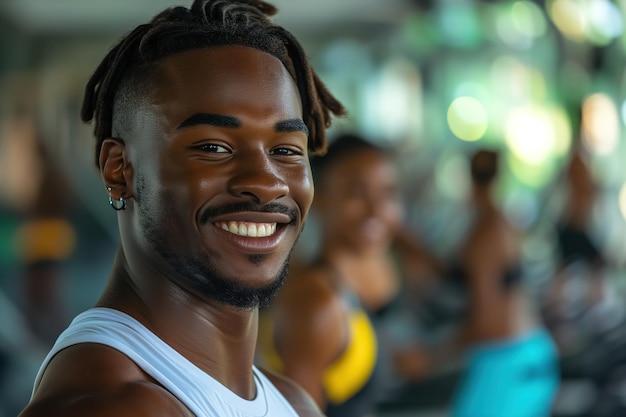 Alegre atleta afroamericano con dreadlocks sonríe mientras se entrena en el gimnasio