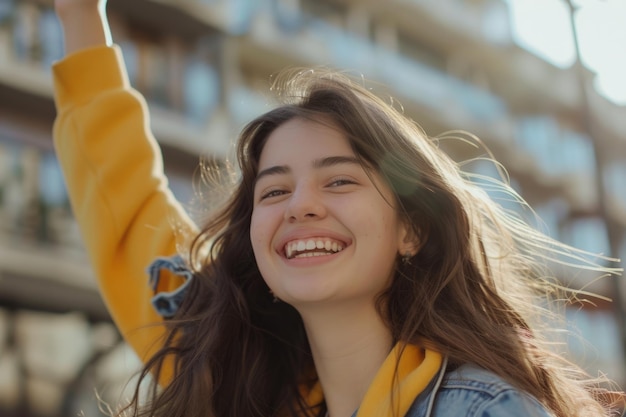 Foto alegre atractiva chica morena puño bomba y sonriendo con alegría ganando