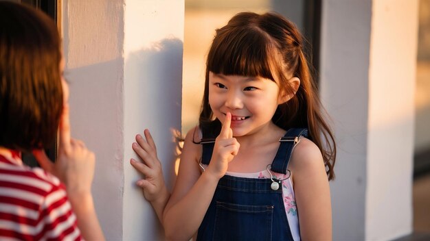 Alegre atrevida linda chica bruneta asiática usar denim verano dungarees silencio sonriendo astuto tienen pla