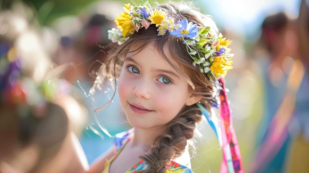 Alegre baile de la fiesta de la primavera Niña con corona de flores girando cintas de colores