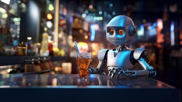 Alegre barman robô faz coquetéis Neon bar futurista AI gerado