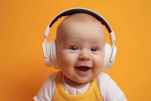 alegre bebé sorprendido de 6 meses usando auriculares para escuchar música con un efecto positivo en el concepto de desarrollo cognitivo de la IA generativa infantil