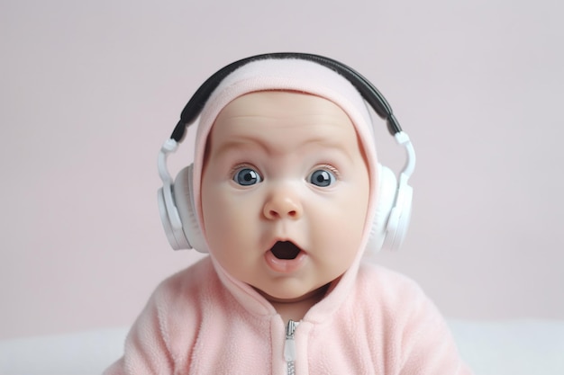 alegre bebé sorprendido de 6 meses usando auriculares para escuchar música con un efecto positivo en el concepto de desarrollo cognitivo de la IA generativa infantil
