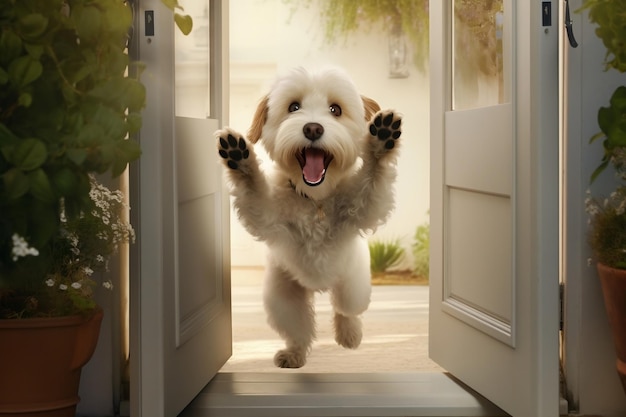 Alegre bienvenida Saludo de perro emocionado en la entrada de la puerta de casa IA generativa