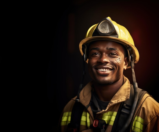 Alegre bombero afroamericano con IA generativa del espacio de copia