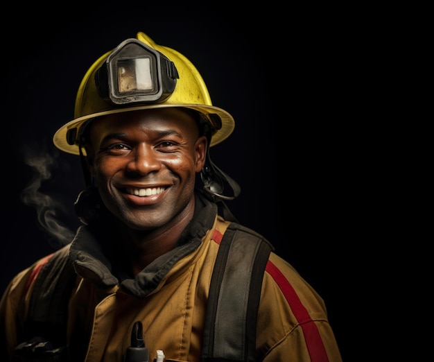 Alegre bombero afroamericano con IA generativa del espacio de copia